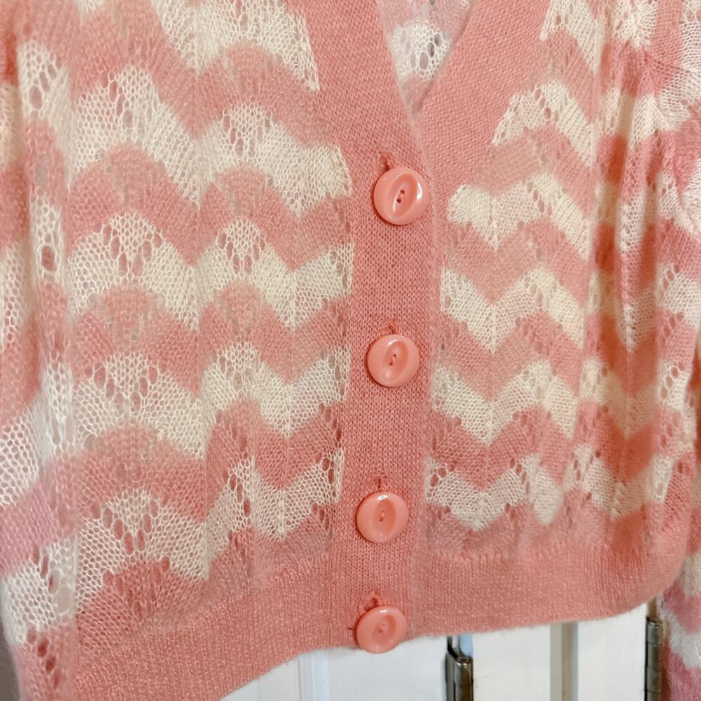 BYTIMO Wool Mohair Knit Pink Chevron Striped Button Down Cardigan | Small - Picture 6 of 10